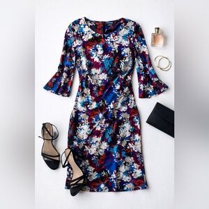 Chaps Floral Sheath Dress Size 14 Blue Burgundy 3/4 Sleeve Keyhole Back